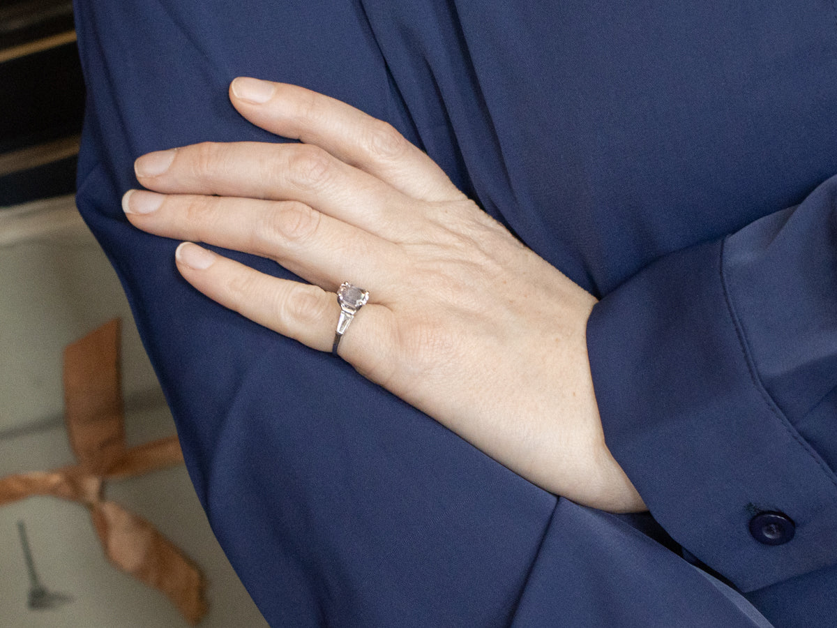 Retro-Era Platinum Pink Kunzite and Baguette Cut Diamond Ring