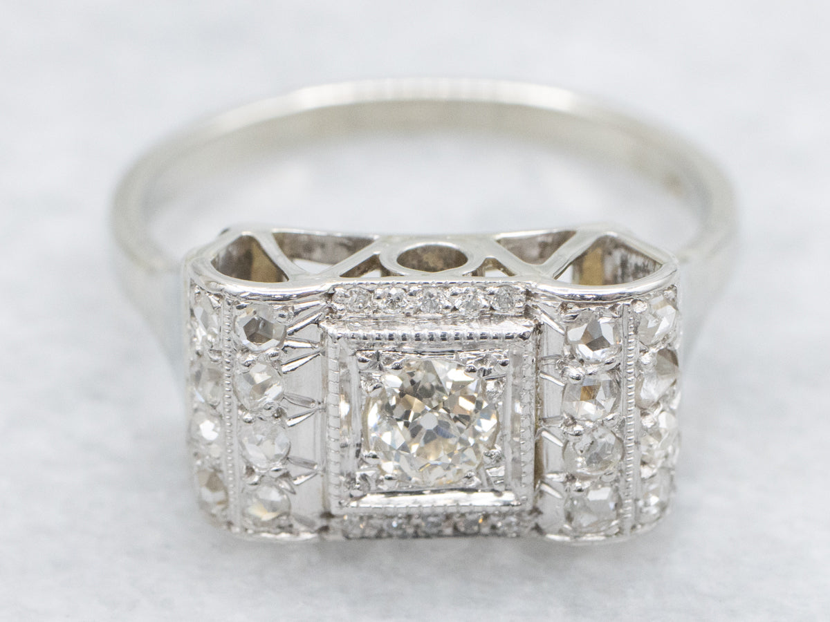 Late Art Deco Old Mine and Rose Cut Diamond Cluster Ring