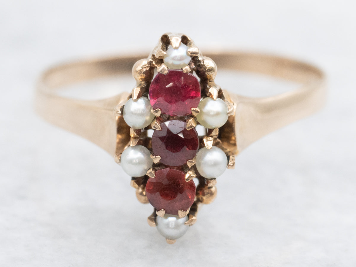 Antique Rose Gold Ruby Doublet and Seed Pearl Ring