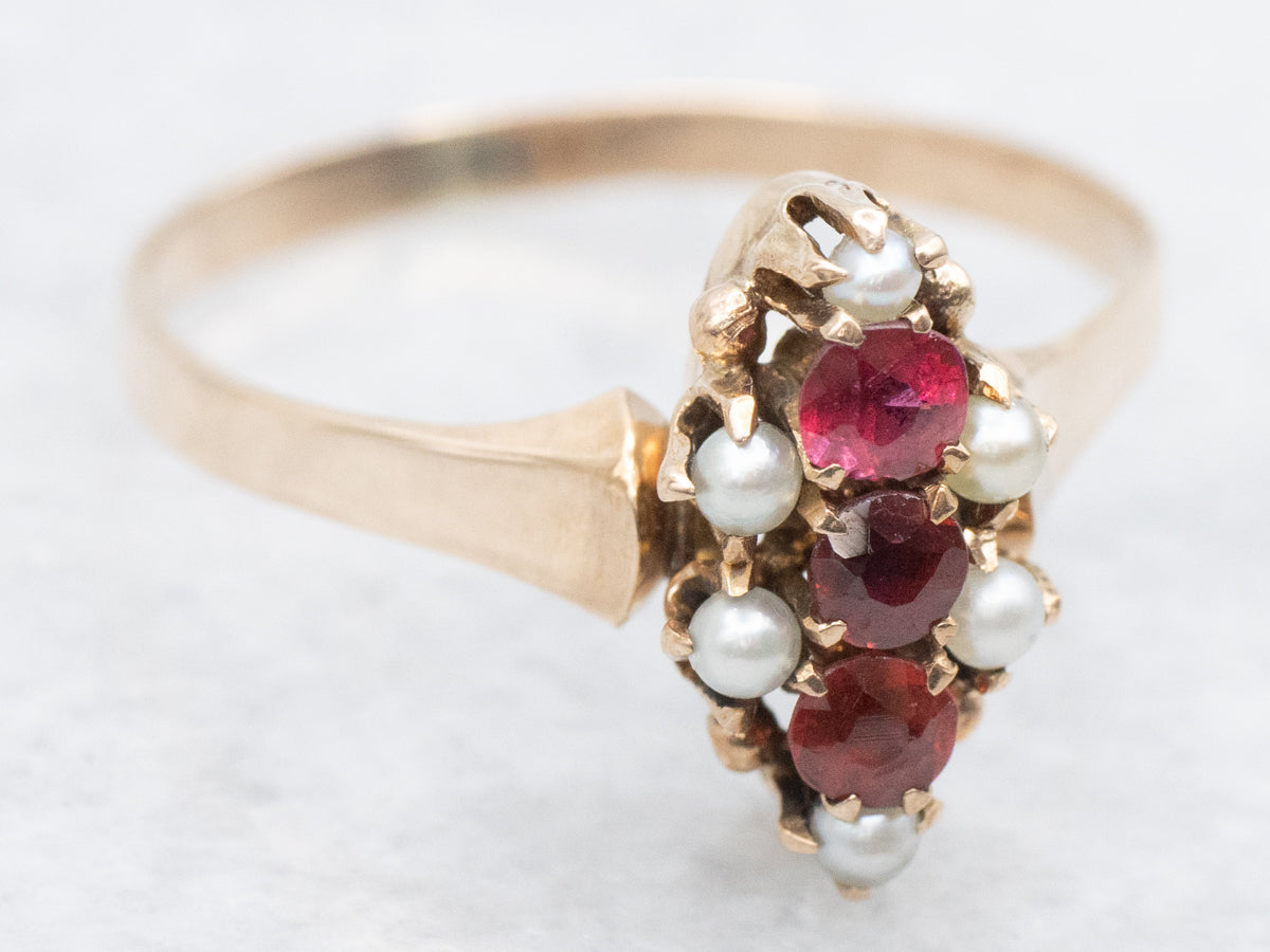 Antique Rose Gold Ruby Doublet and Seed Pearl Ring