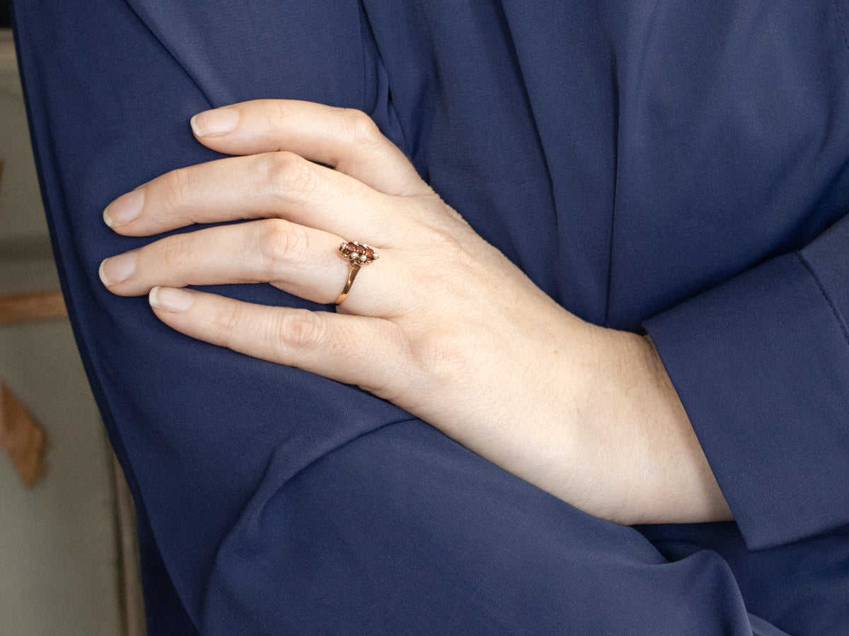Antique Rose Gold Ruby Doublet and Seed Pearl Ring