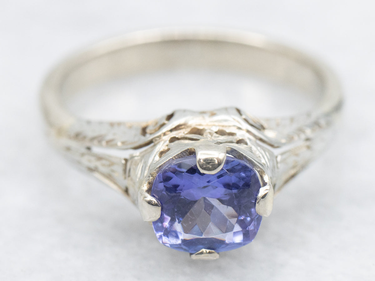 Art Deco Tanzanite Solitaire Ring with Etched Filigree Shoulders