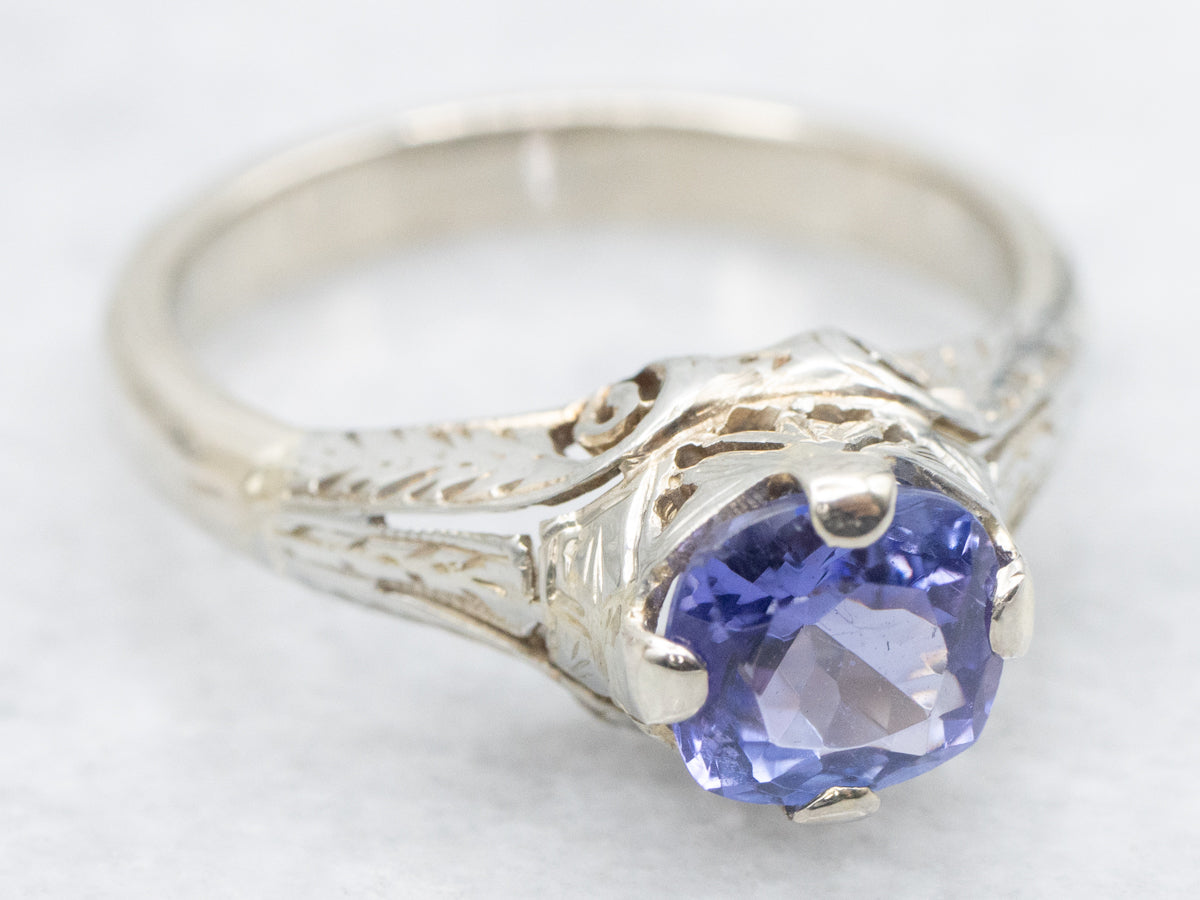 Art Deco Tanzanite Solitaire Ring with Etched Filigree Shoulders