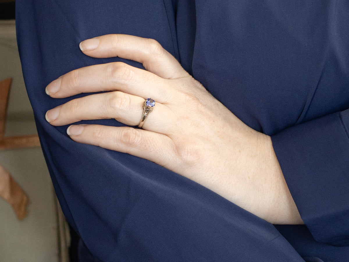 Art Deco Tanzanite Solitaire Ring with Etched Filigree Shoulders