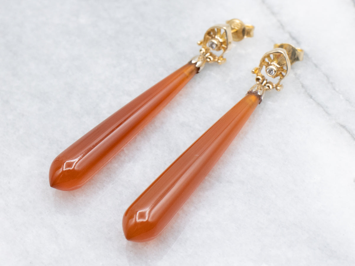 Teardrop Carnelian Diamond and Gold Drop Earrings
