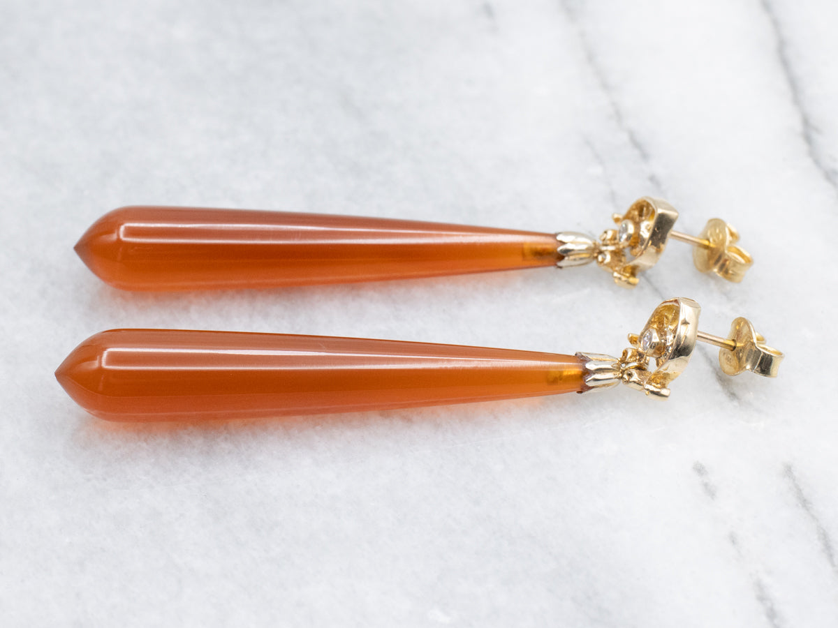 Teardrop Carnelian Diamond and Gold Drop Earrings