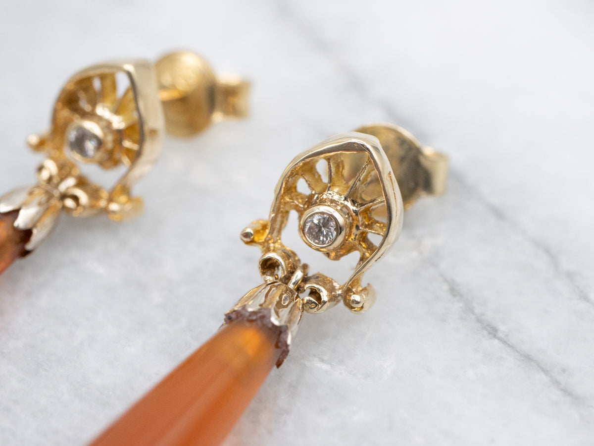 Teardrop Carnelian Diamond and Gold Drop Earrings
