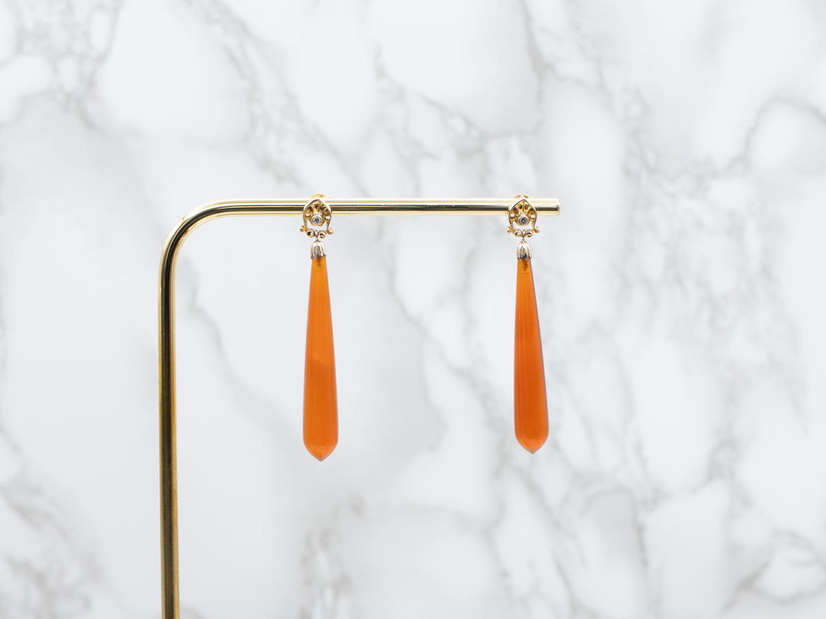 Teardrop Carnelian Diamond and Gold Drop Earrings