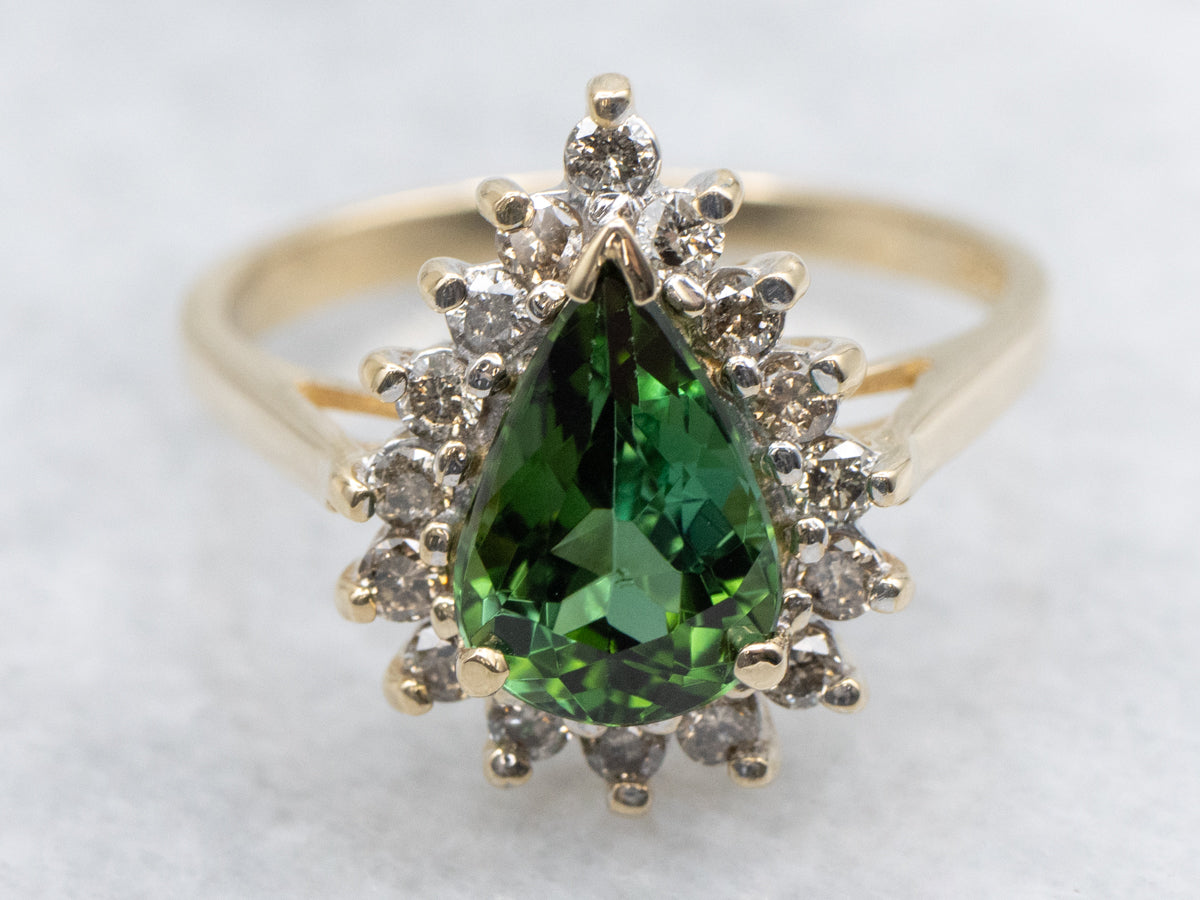 Teardrop Tourmaline and Diamond Halo Ring