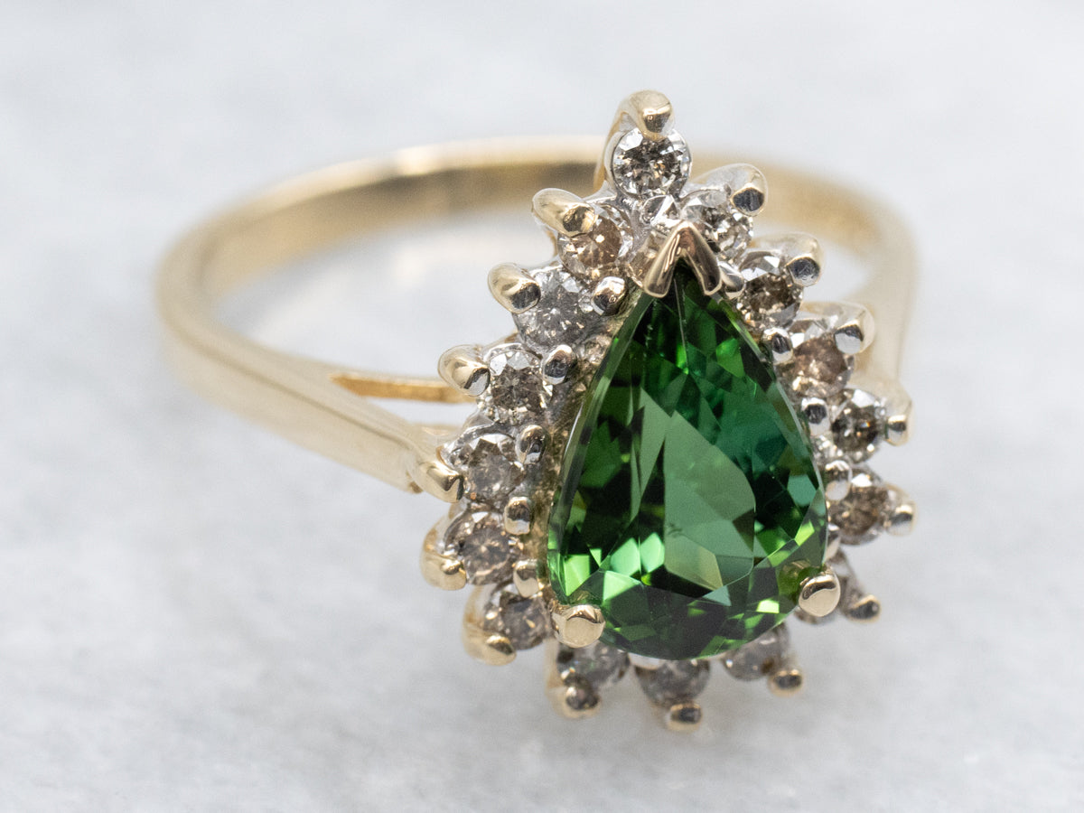 Teardrop Tourmaline and Diamond Halo Ring