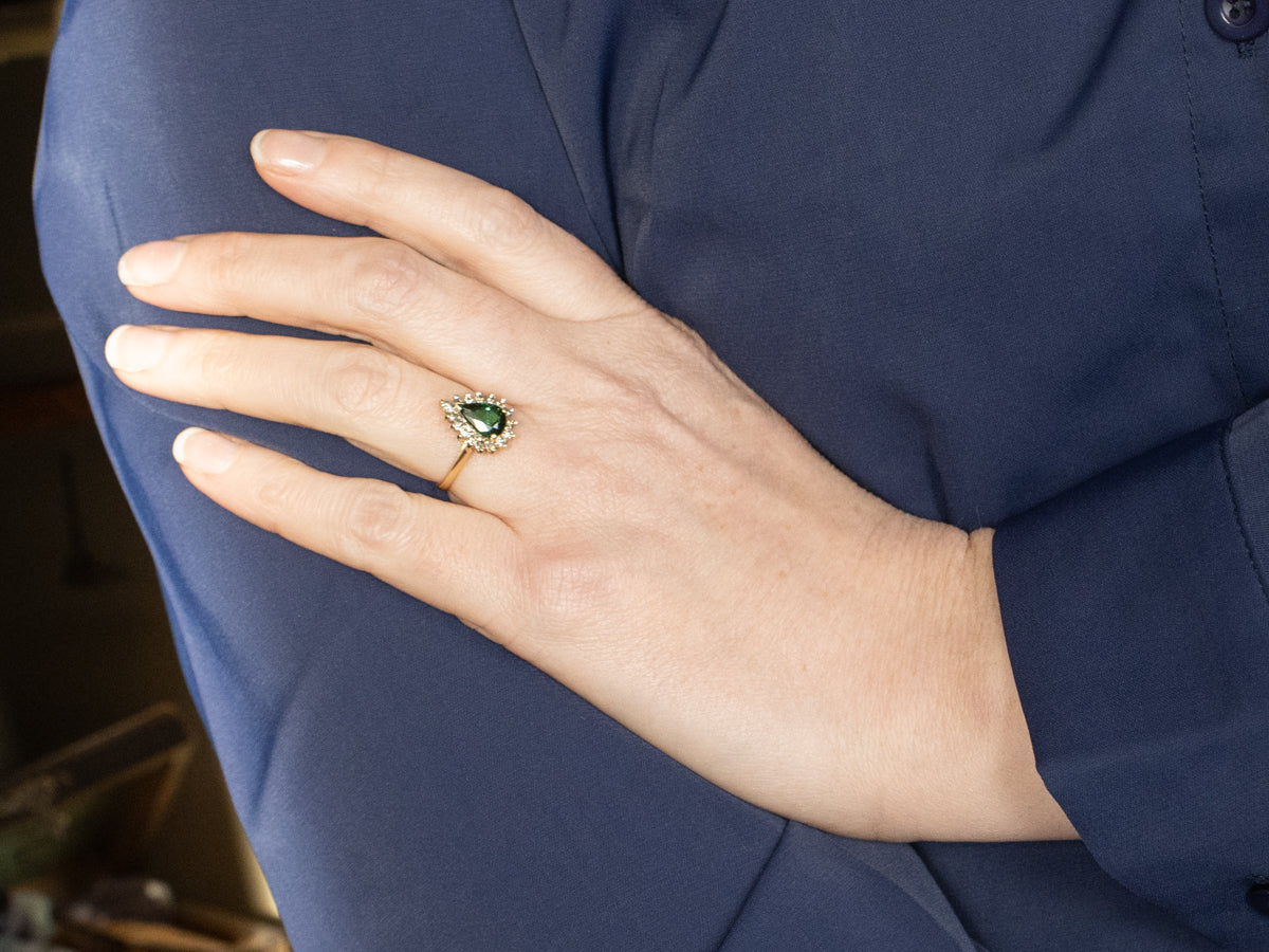 Teardrop Tourmaline and Diamond Halo Ring