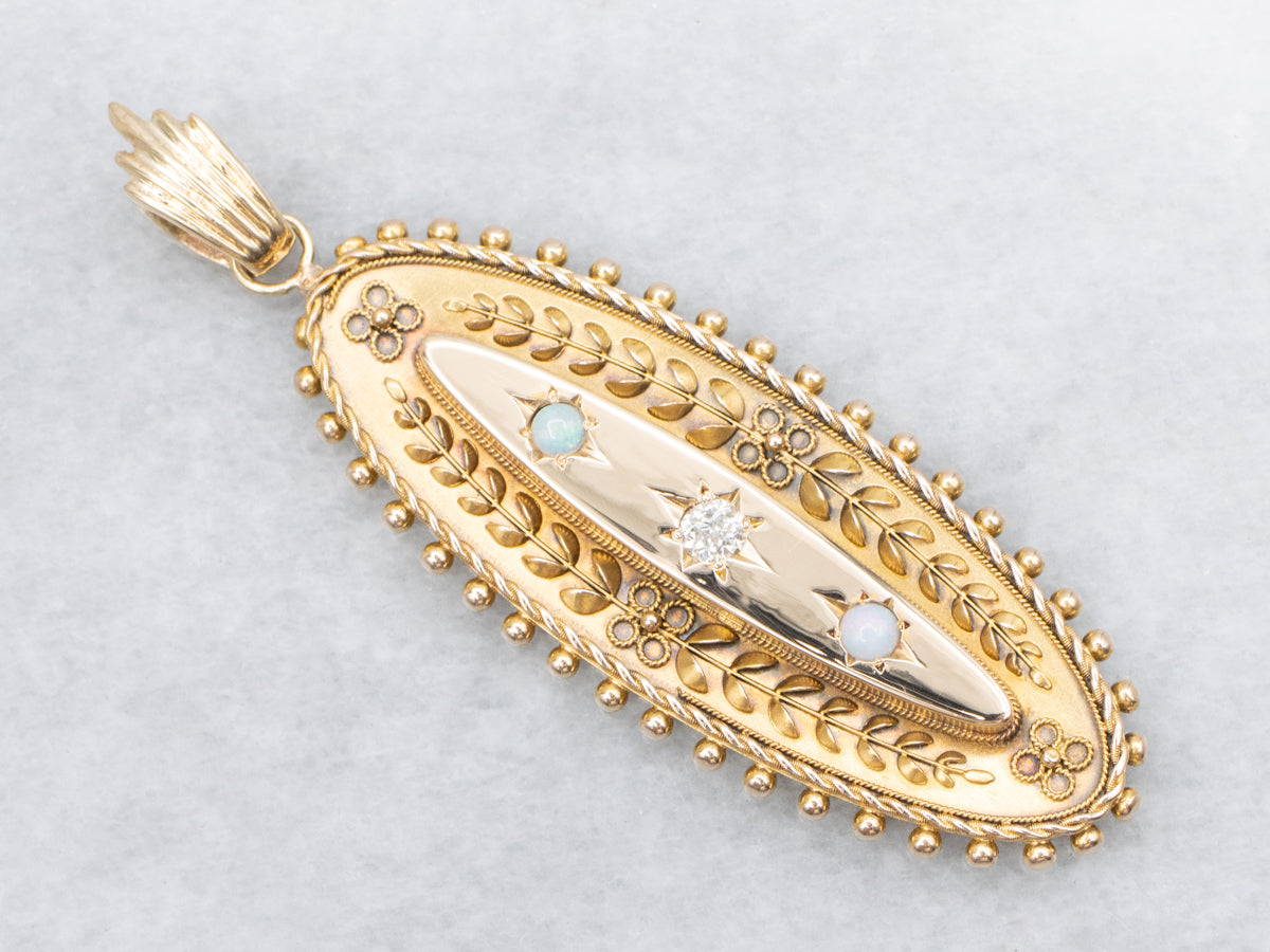 Art Nouveau Old Mine Cut Diamond and Opal Botanical Pendant