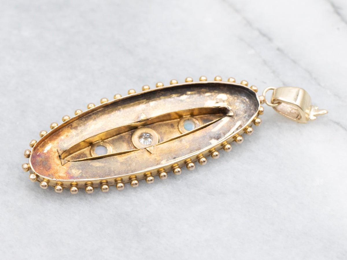 Art Nouveau Old Mine Cut Diamond and Opal Botanical Pendant