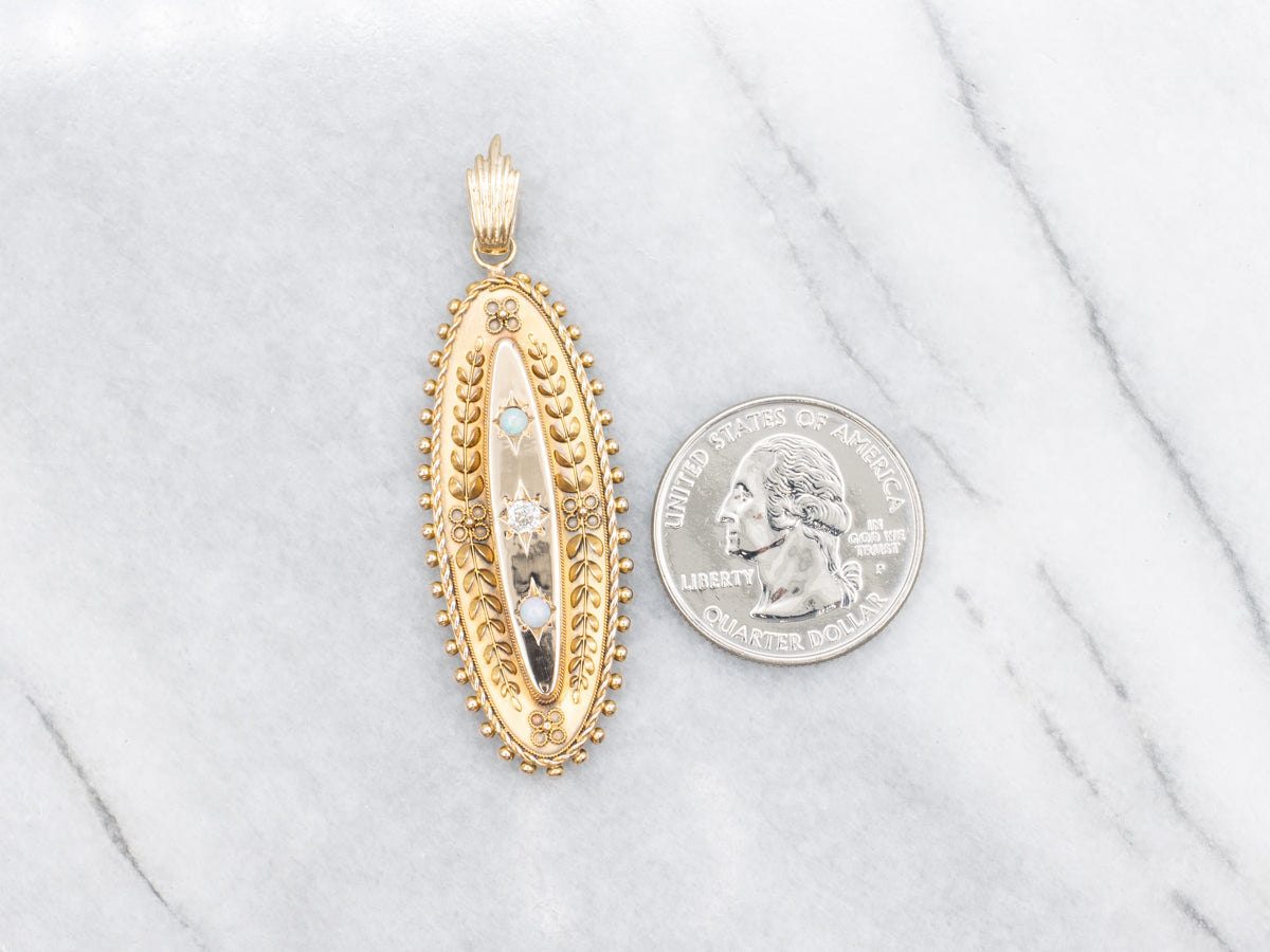 Art Nouveau Old Mine Cut Diamond and Opal Botanical Pendant