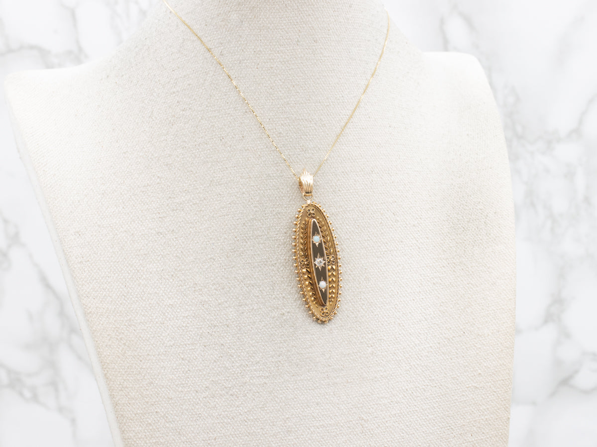 Art Nouveau Old Mine Cut Diamond and Opal Botanical Pendant