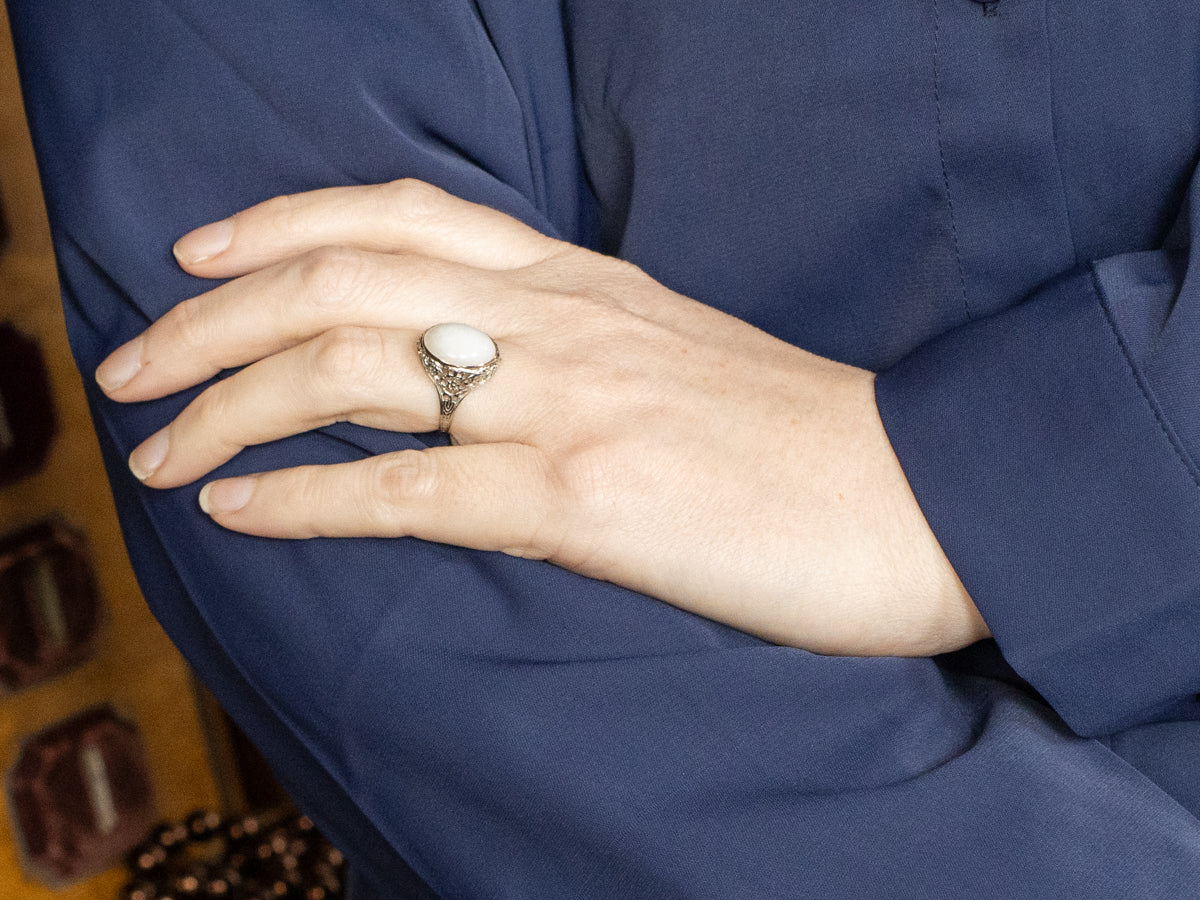 Art Deco White Jade Cocktail Ring