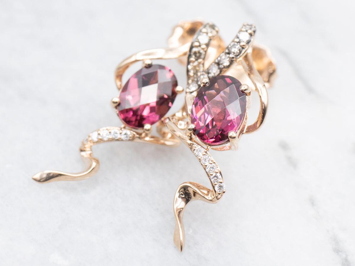 Pineapple Cut Rhodolite Garnet and Diamond Earrings