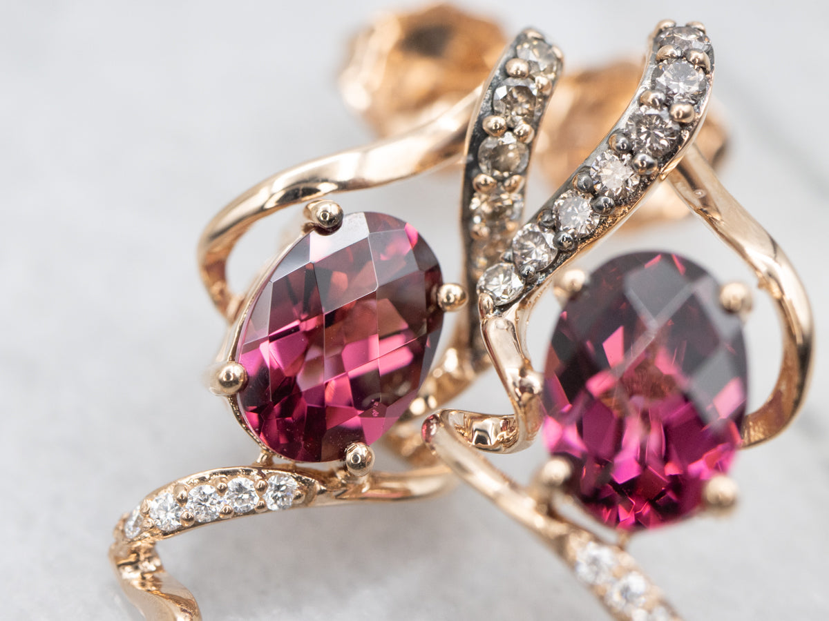 Pineapple Cut Rhodolite Garnet and Diamond Earrings