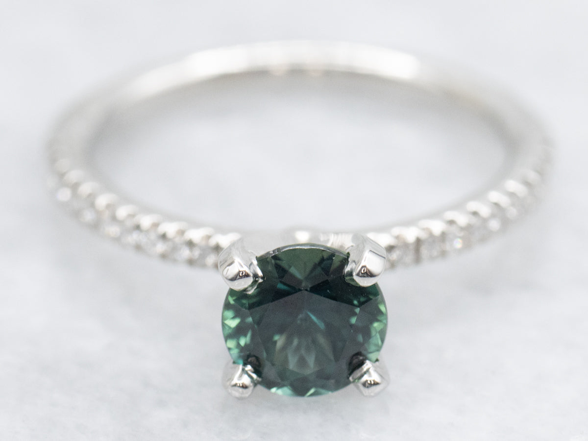 Stunning Blue-Green Sapphire and Diamond Engagement Ring