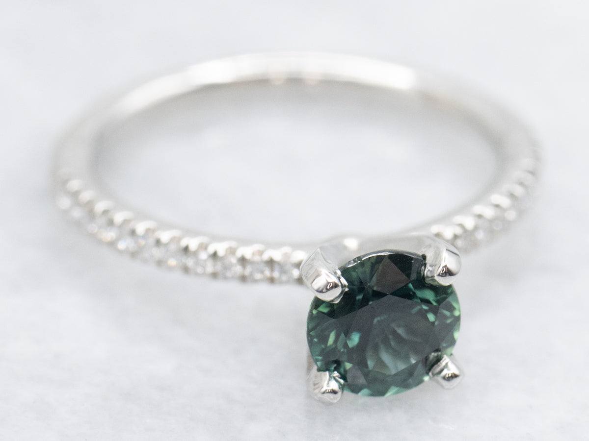Stunning Blue-Green Sapphire and Diamond Engagement Ring