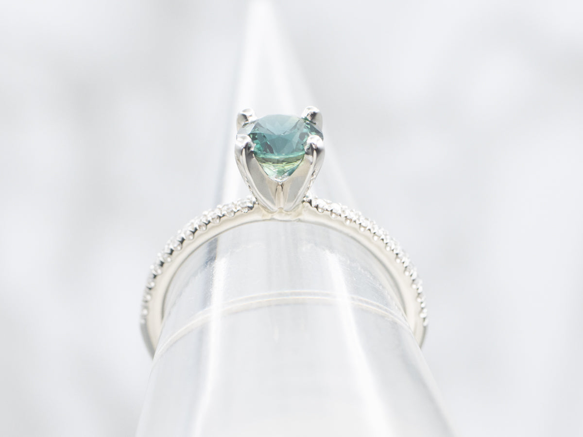 Stunning Blue-Green Sapphire and Diamond Engagement Ring