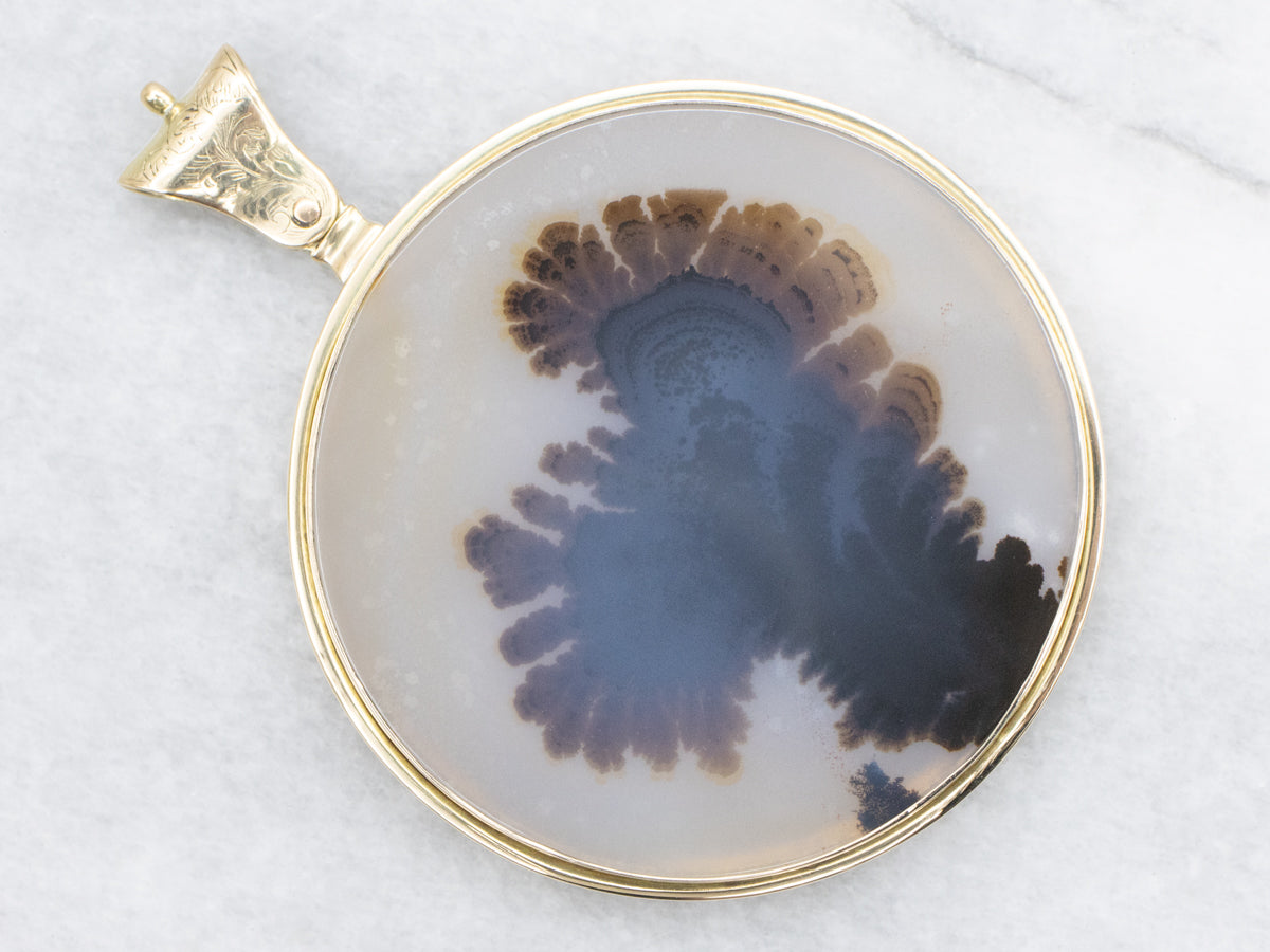 Dendritic Agate Pendant with Scrolling Gold Details