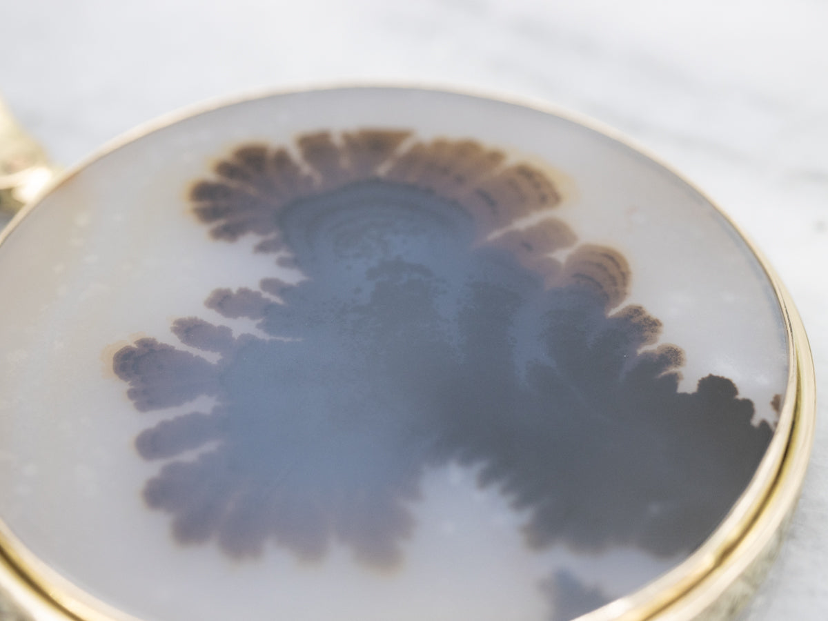 Dendritic Agate Pendant with Scrolling Gold Details