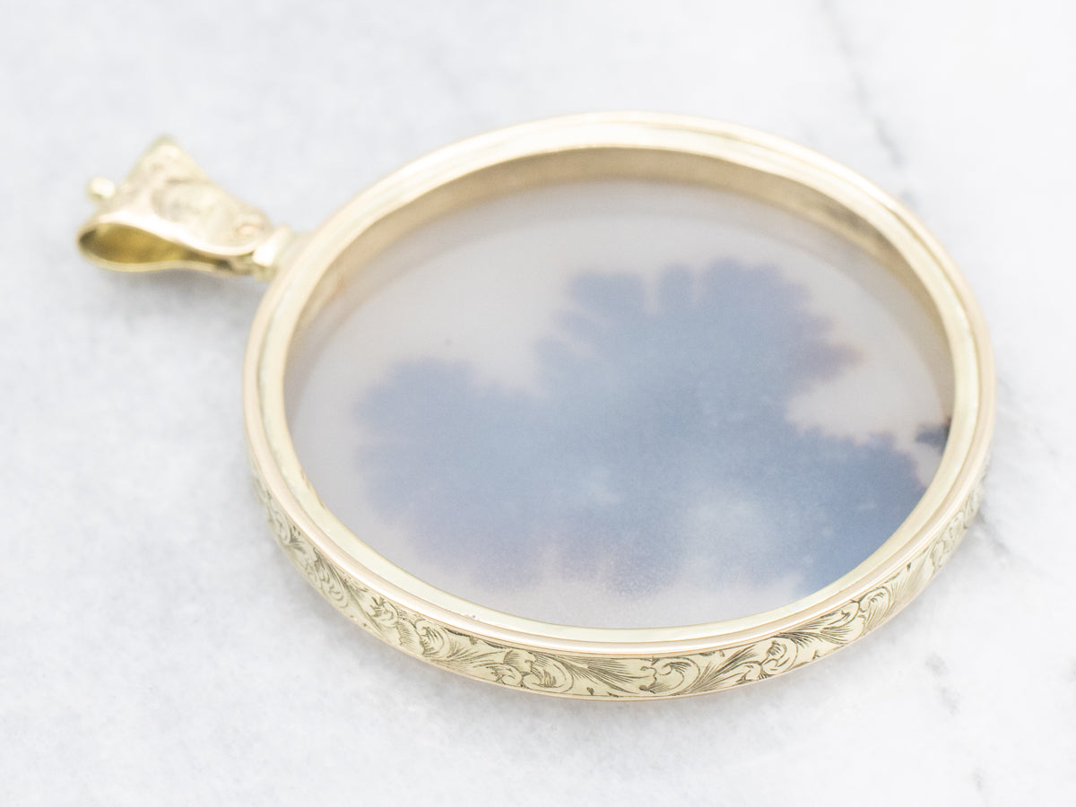 Dendritic Agate Pendant with Scrolling Gold Details