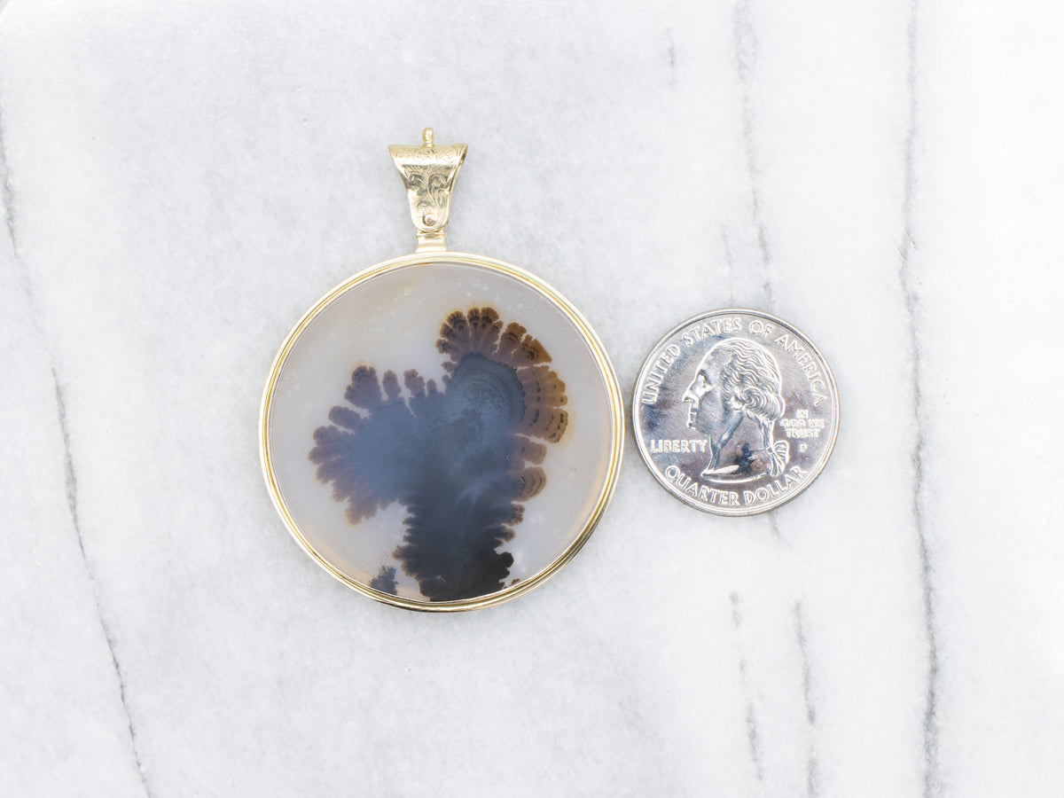 Dendritic Agate Pendant with Scrolling Gold Details