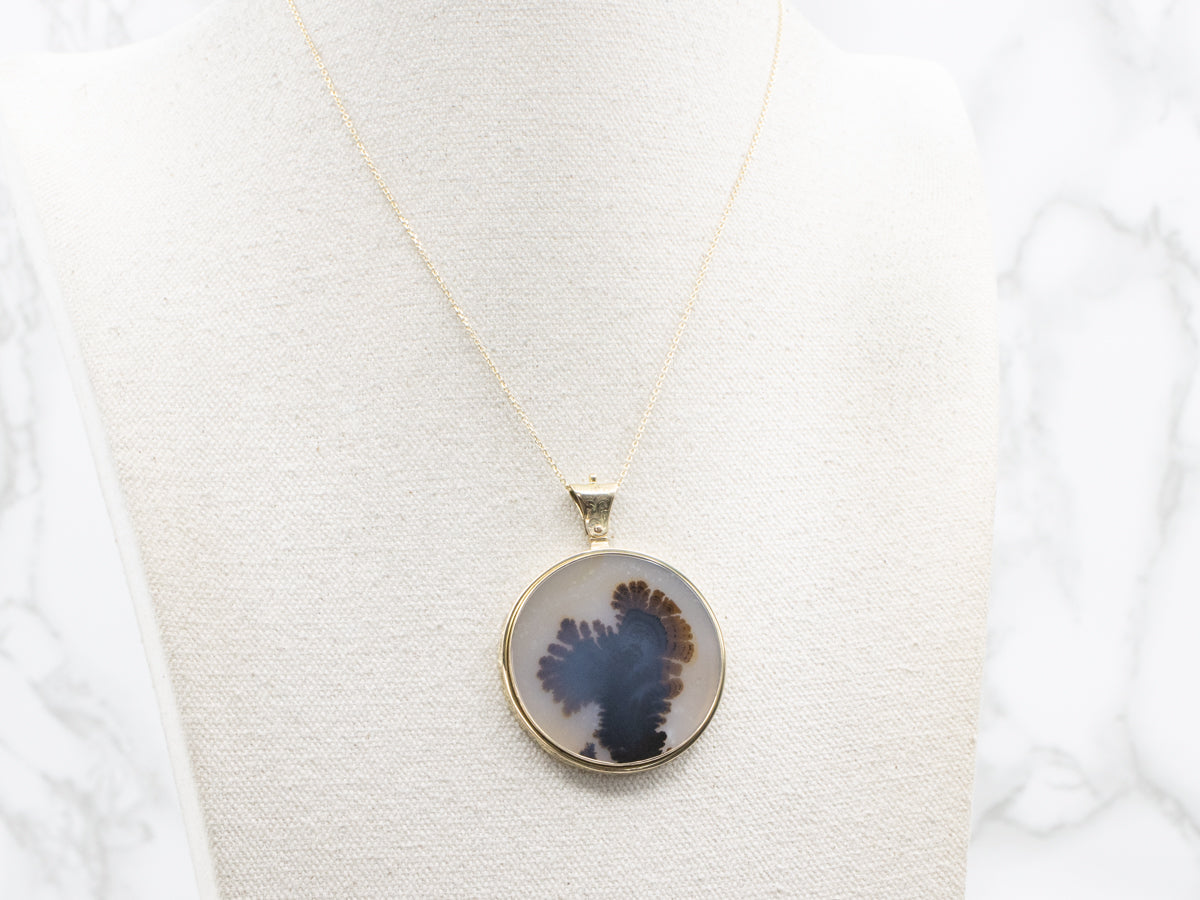 Dendritic Agate Pendant with Scrolling Gold Details