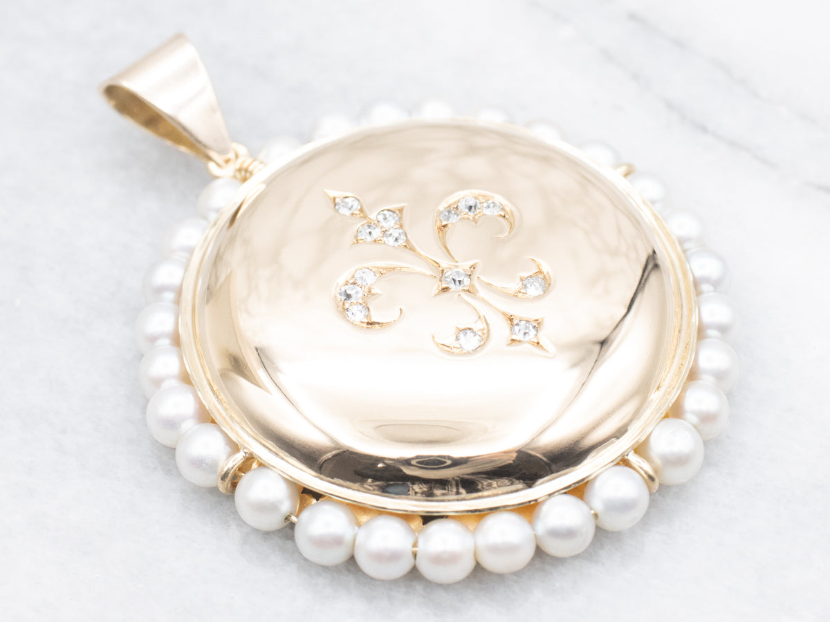 Old Mine Cut Diamond Fleur de Lis Pendant with Pearl Halo