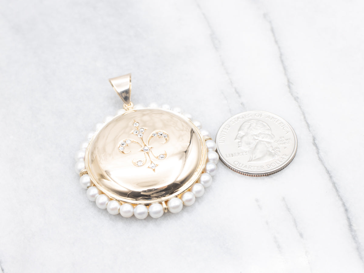 Old Mine Cut Diamond Fleur de Lis Pendant with Pearl Halo
