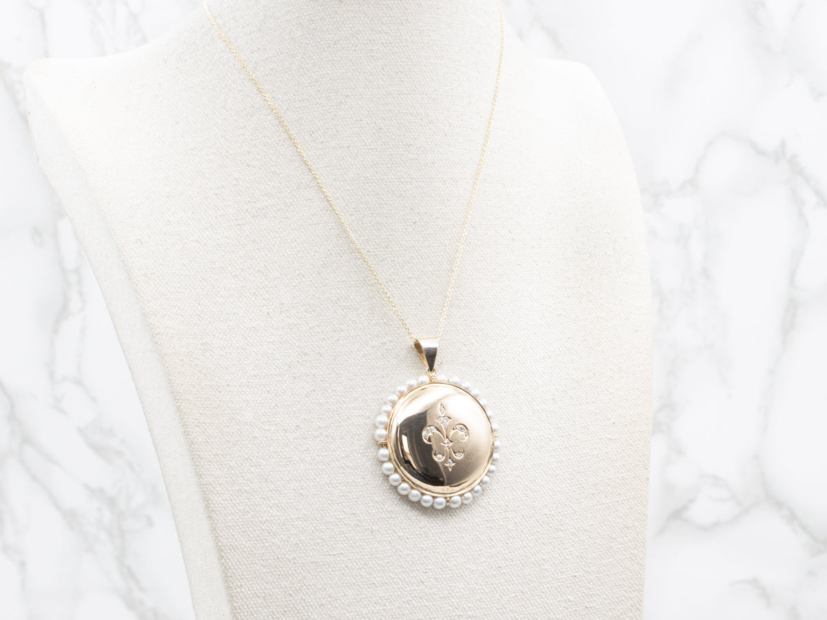 Old Mine Cut Diamond Fleur de Lis Pendant with Pearl Halo