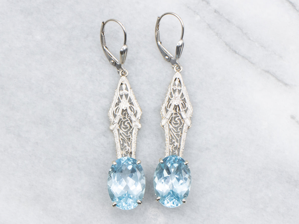 Blue Topaz Art Deco Filigree Drop Earrings