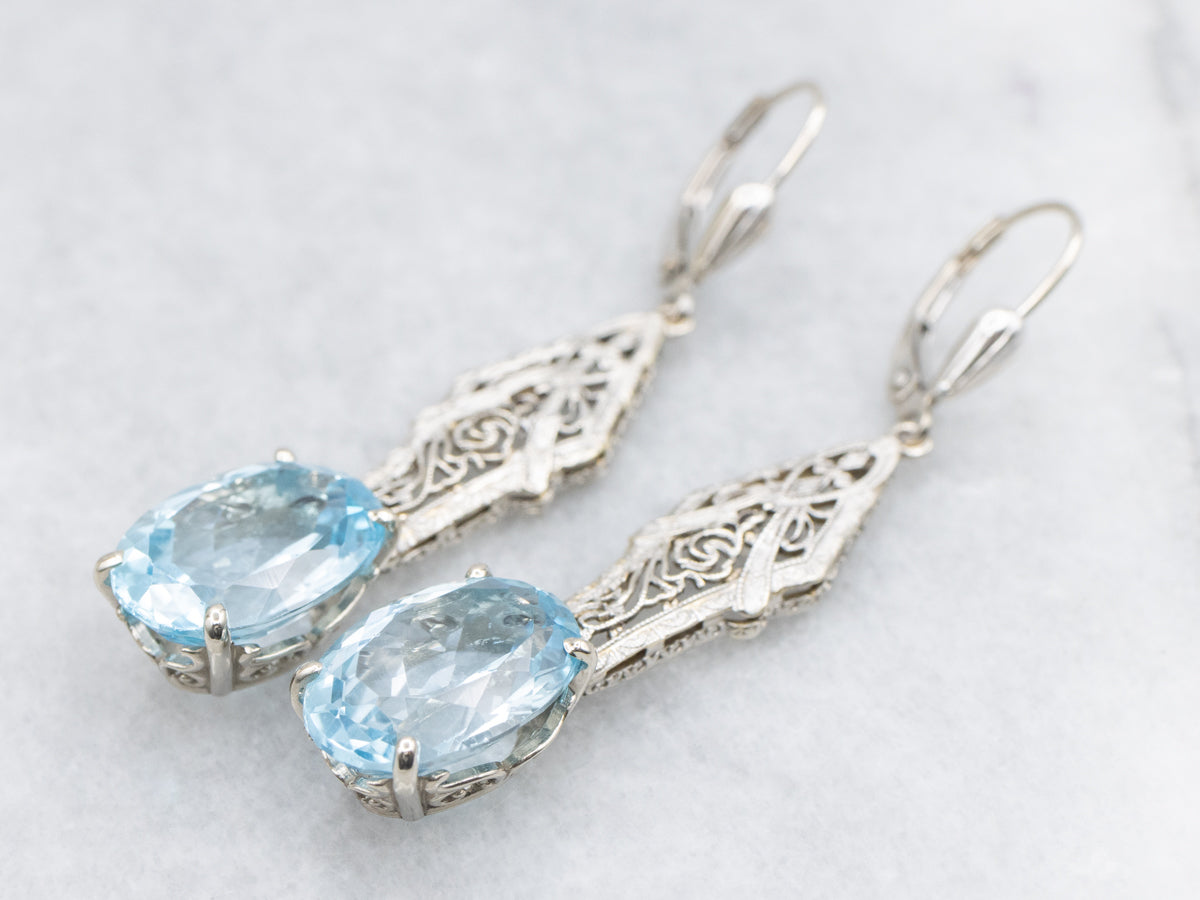 Blue Topaz Art Deco Filigree Drop Earrings
