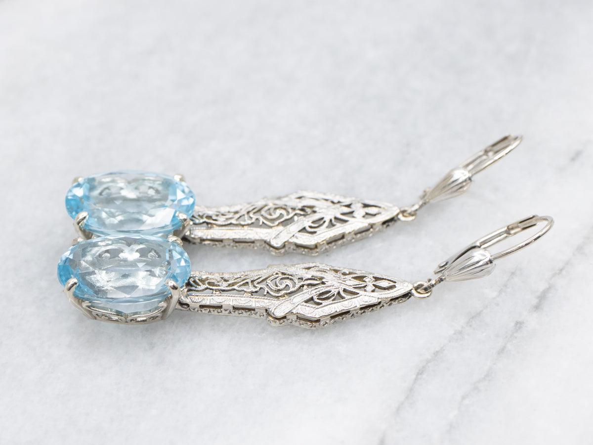 Blue Topaz Art Deco Filigree Drop Earrings
