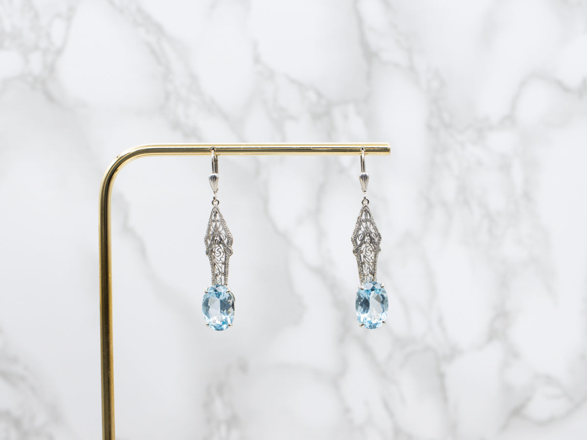 Blue Topaz Art Deco Filigree Drop Earrings