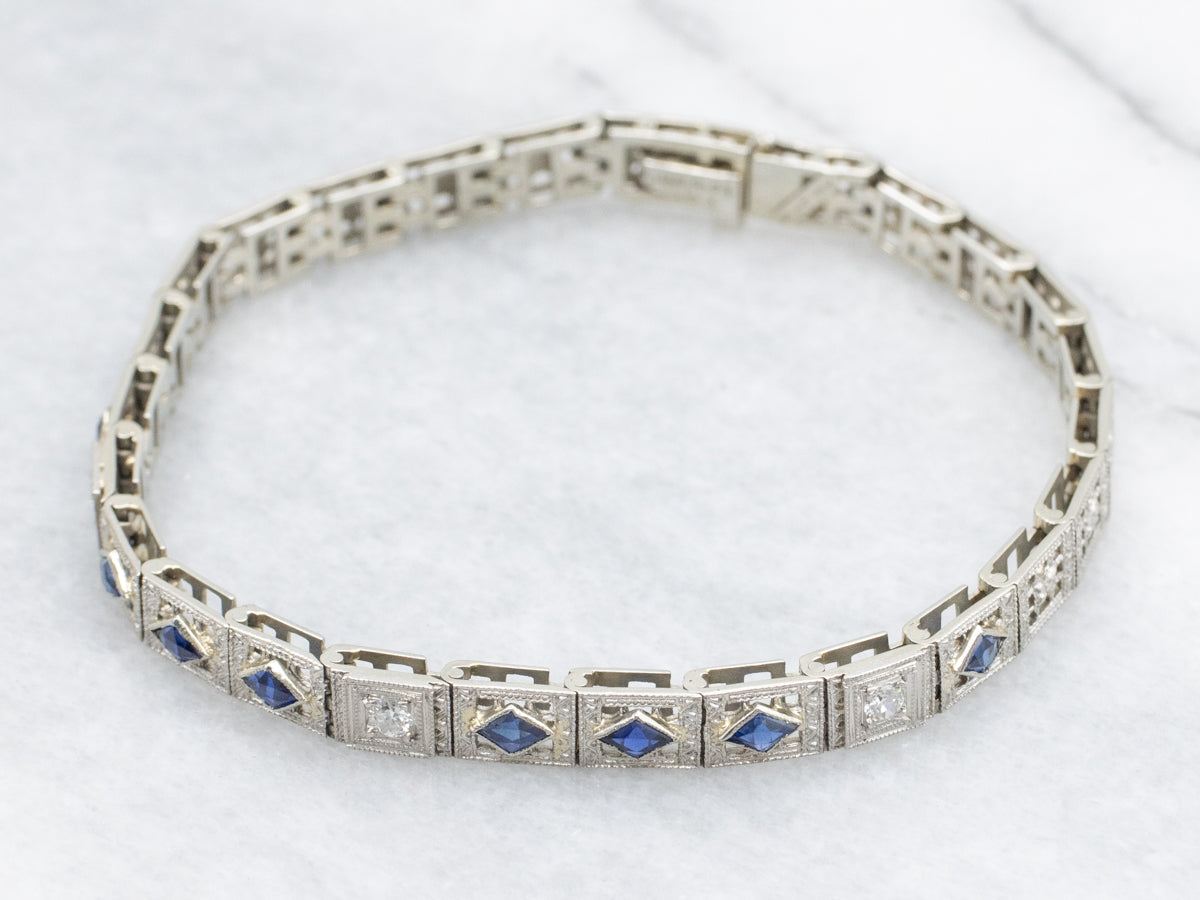 Art Deco Sapphire and Diamond Floral Filigree Link Bracelet