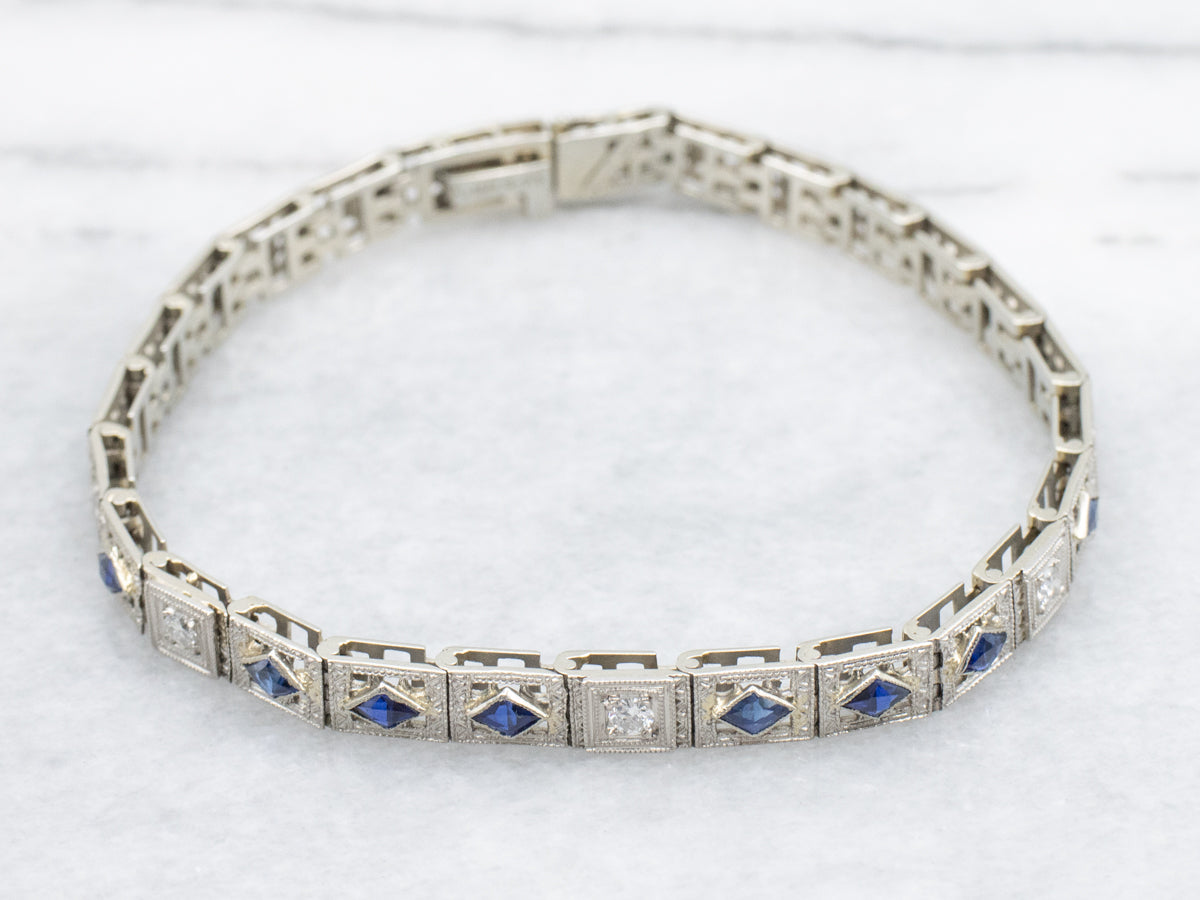 Art Deco Sapphire and Diamond Floral Filigree Link Bracelet