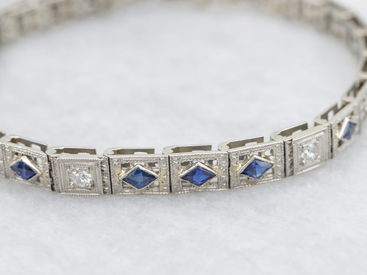 Art Deco Sapphire and Diamond Floral Filigree Link Bracelet