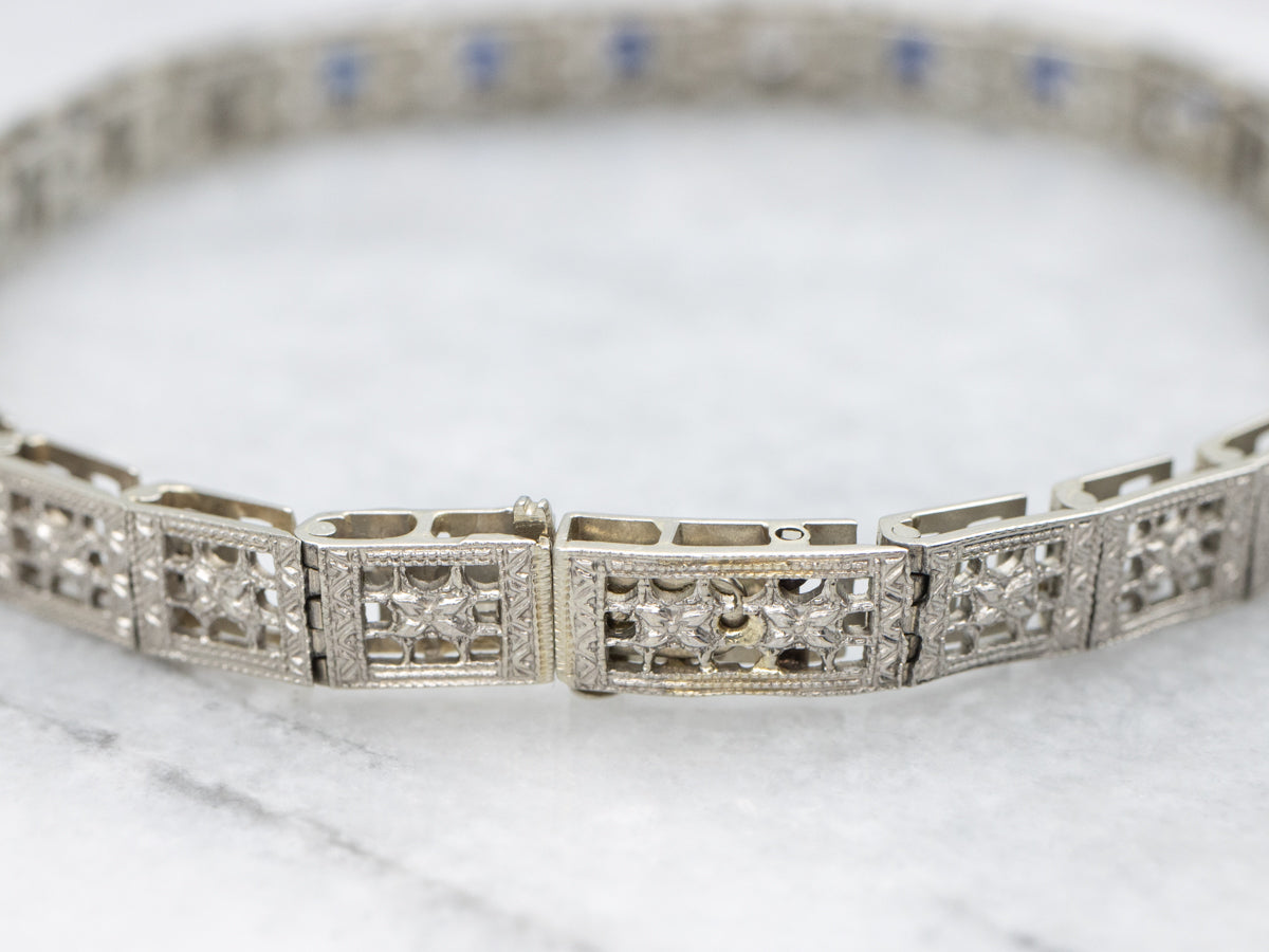 Art Deco Sapphire and Diamond Floral Filigree Link Bracelet