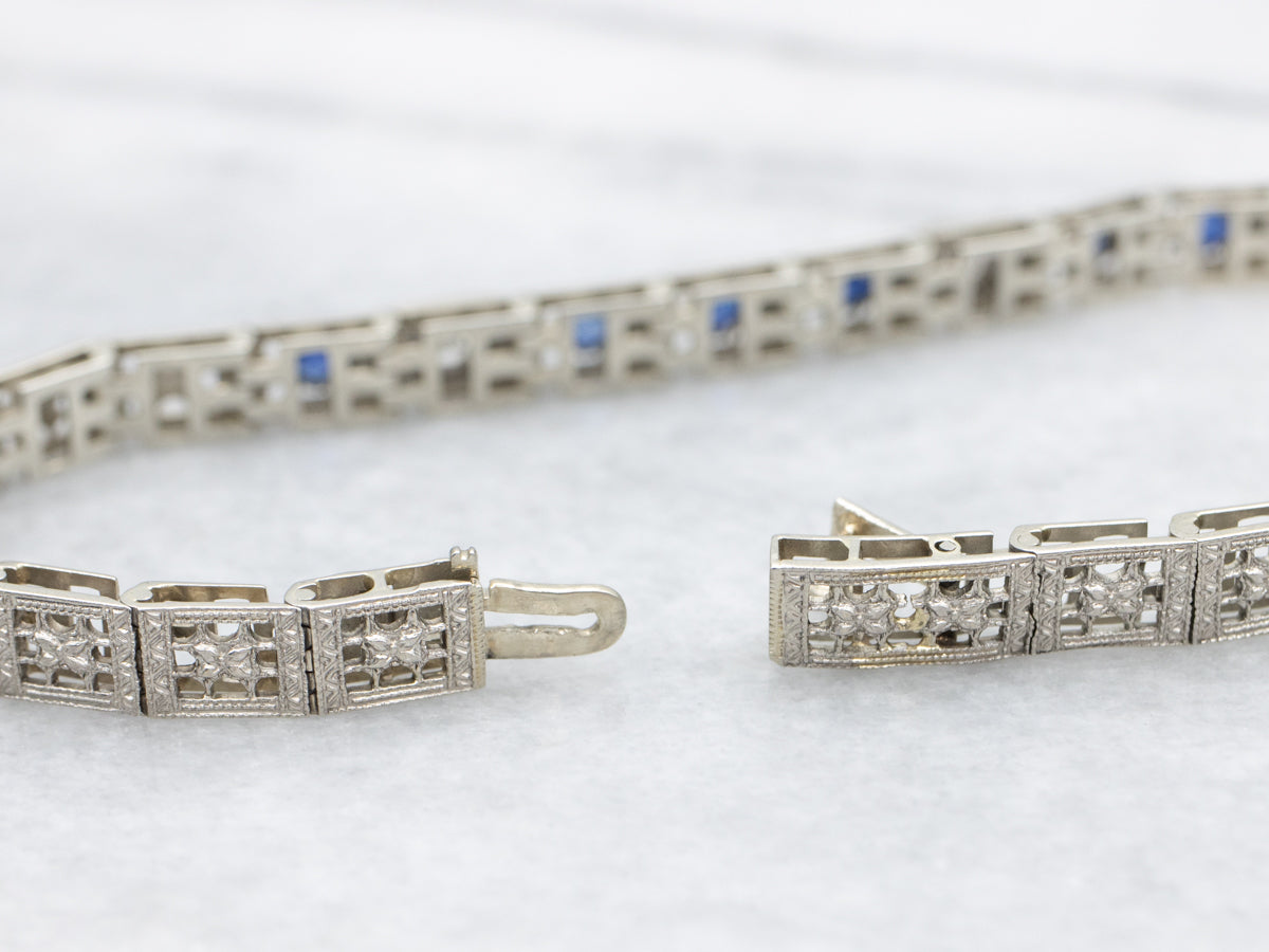 Art Deco Sapphire and Diamond Floral Filigree Link Bracelet