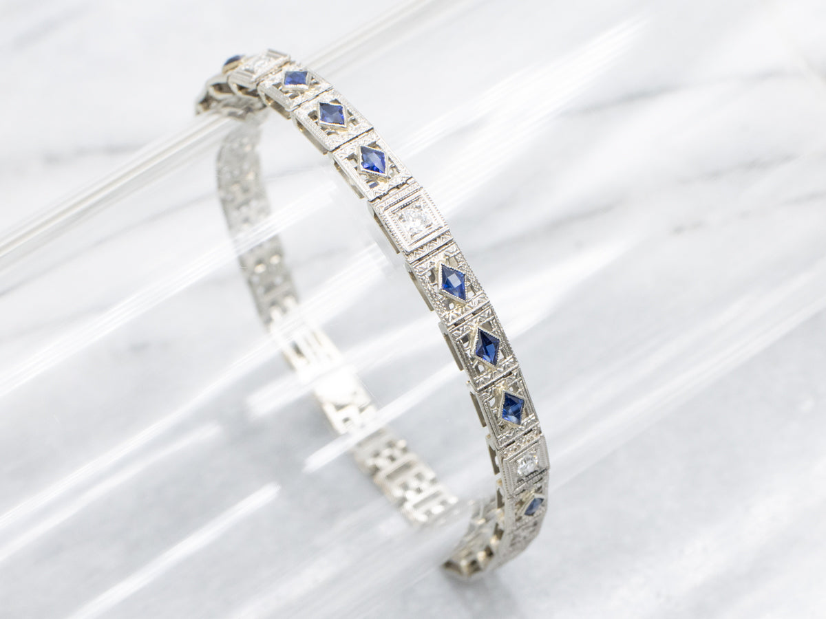Art Deco Sapphire and Diamond Floral Filigree Link Bracelet