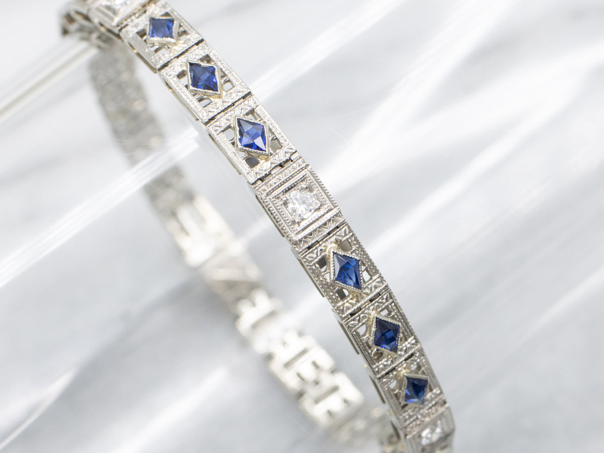 Art Deco Sapphire and Diamond Floral Filigree Link Bracelet