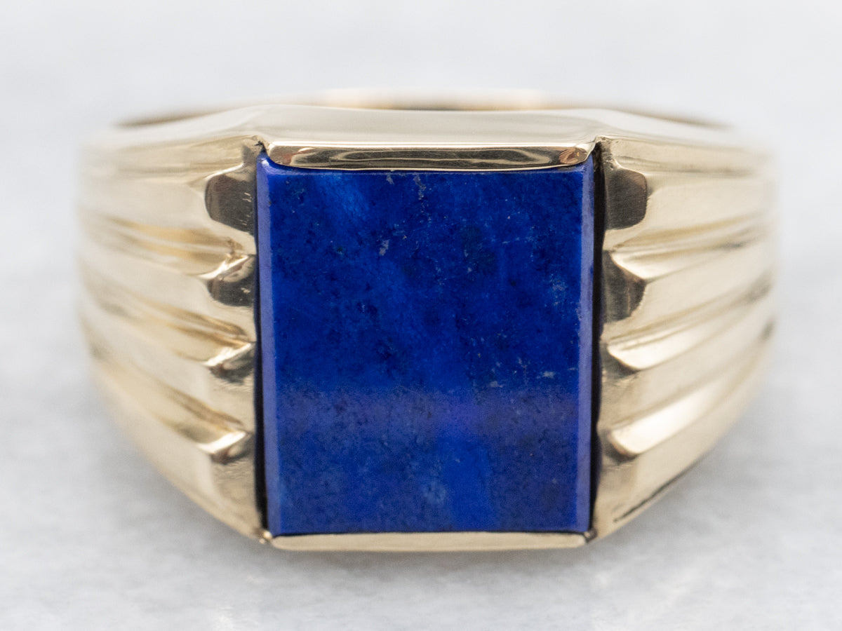 Men's Rectangle Cut Lapis Ring with Lined Shoulders