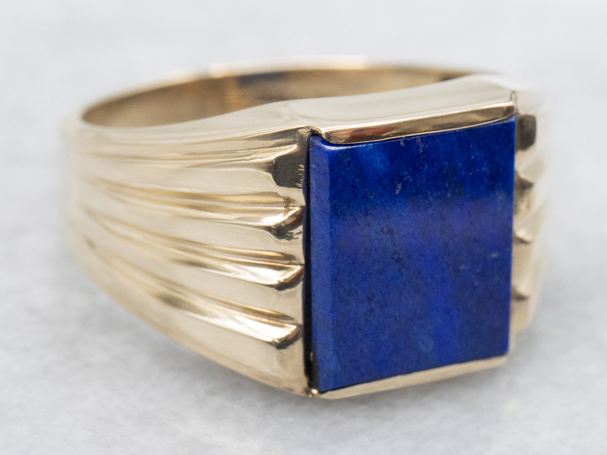 Men's Rectangle Cut Lapis Ring with Lined Shoulders
