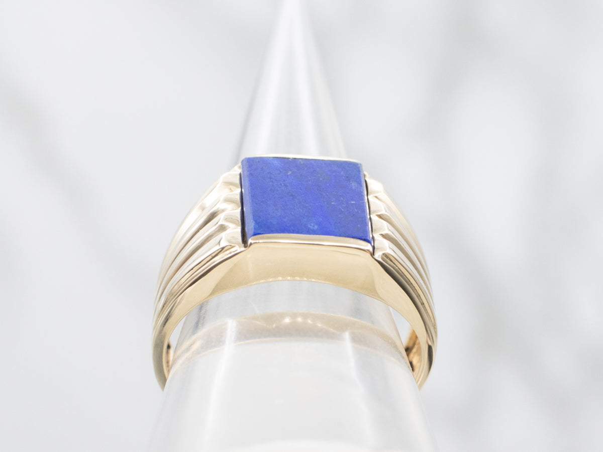 Men's Rectangle Cut Lapis Ring with Lined Shoulders