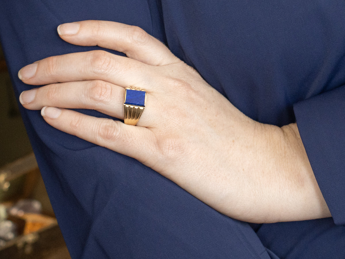 Men's Rectangle Cut Lapis Ring with Lined Shoulders