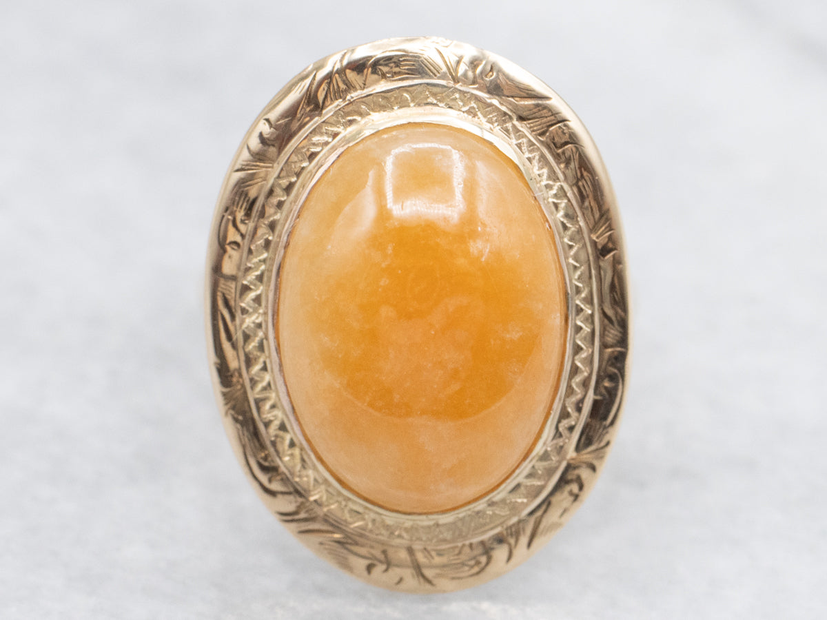 Peach Jadeite Cabochon Vintage Gold Ring