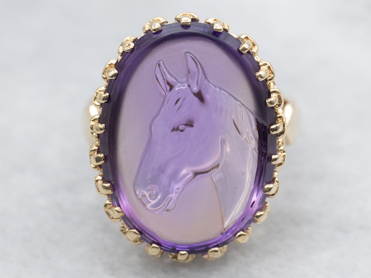 Vintage Carved Equestrian Amethyst Ring